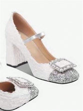 Women's Fashion Square Toe Thick Heel Splice Buckle Strap High Heels